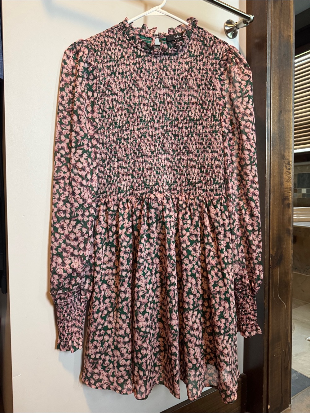 Lulus Smocked Pink and Green Long Sleeve Mini Dress
